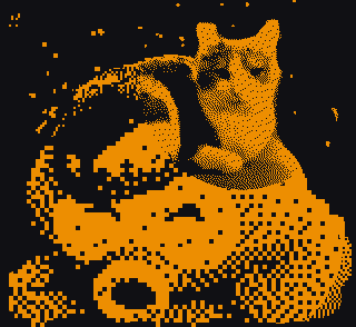 A cat curled on a plush, rendered in orange pixels