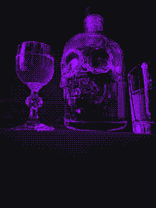 A skull-shaped decanter between two glasses, rendered in purple pixels