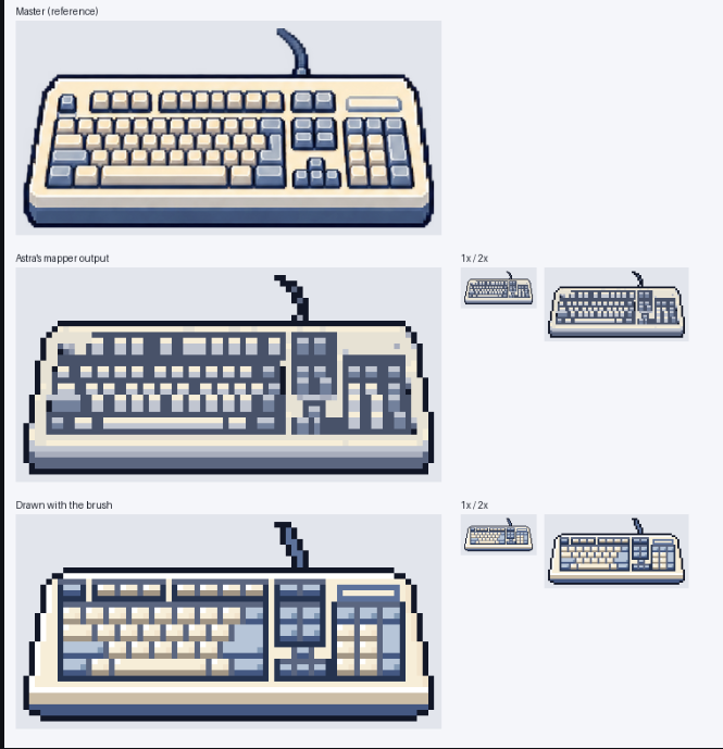 Top: Generative. Middle: Scaled and broken. Bottom: Corrected.